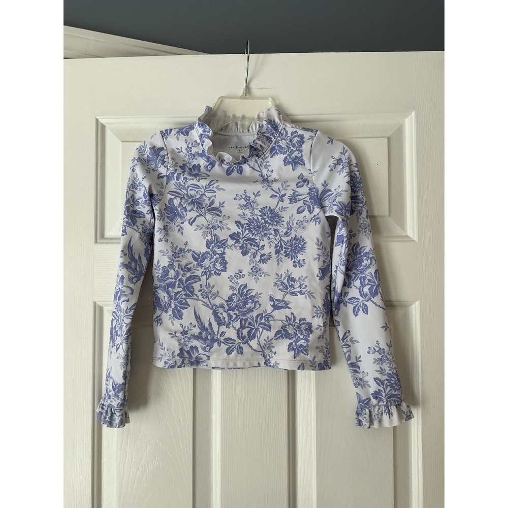 Janie And Jack Girls Rash Guard Swim Shirt Blue And White Floral Ruffle Size 8
